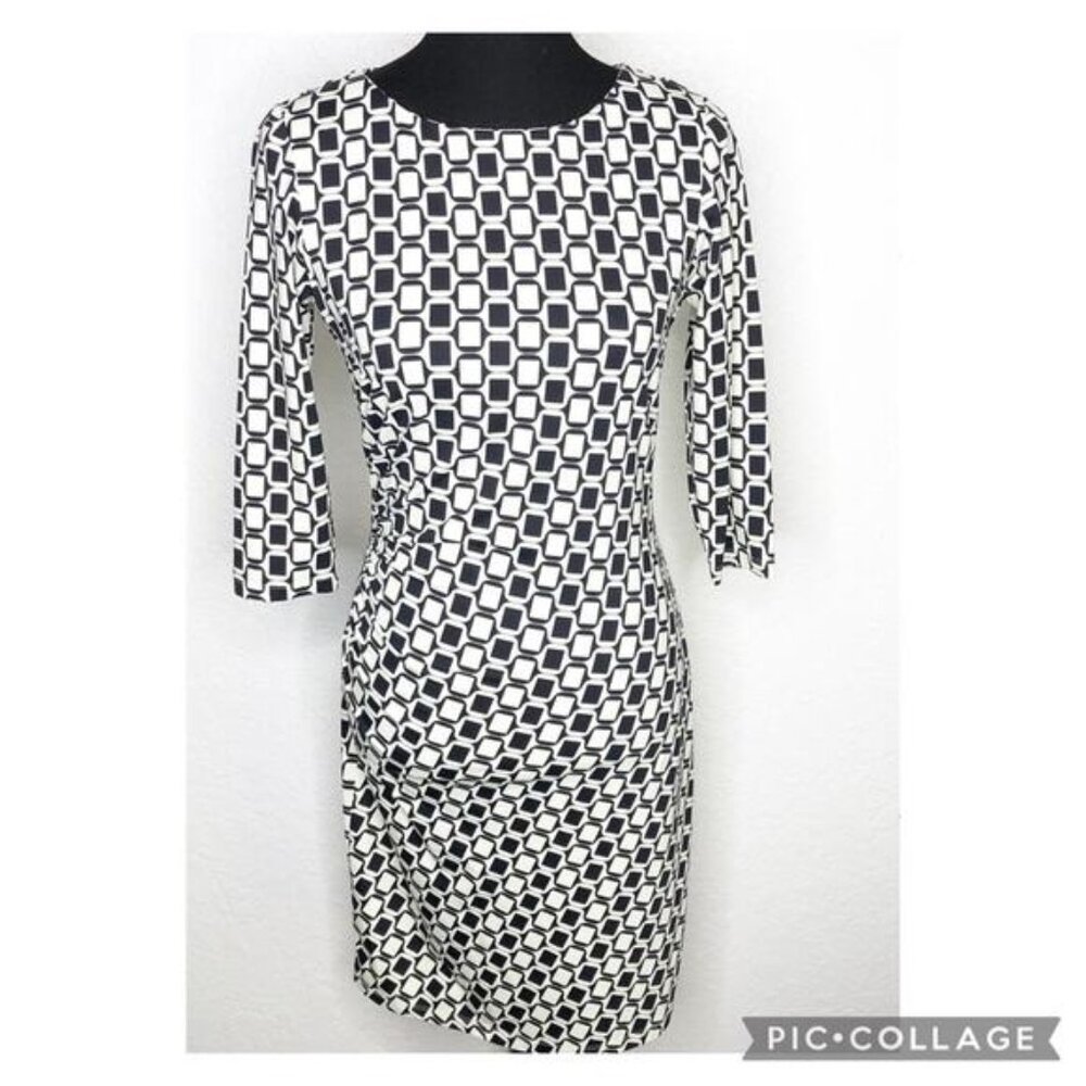 J McLaughlin black and cream geometric print ruched side dress size Small